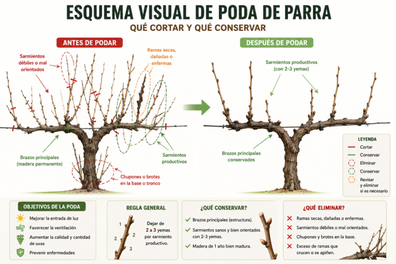 Esquema visual de poda de parra