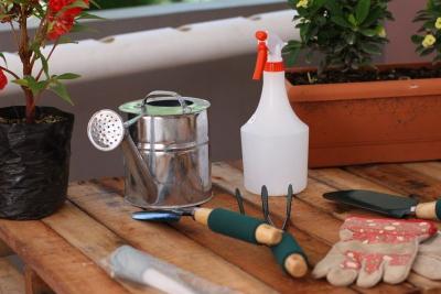 Herramientas de jardinería, regadera y guantes sobre una mesa de madera