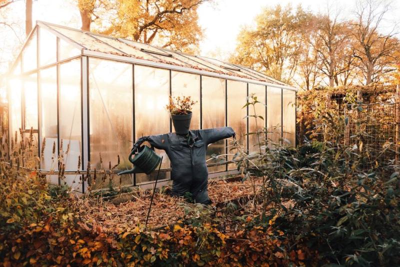 Invernadero de cristal tradicional en un jardín en otoño