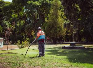 Jardinero municipal regando plantas en un parque