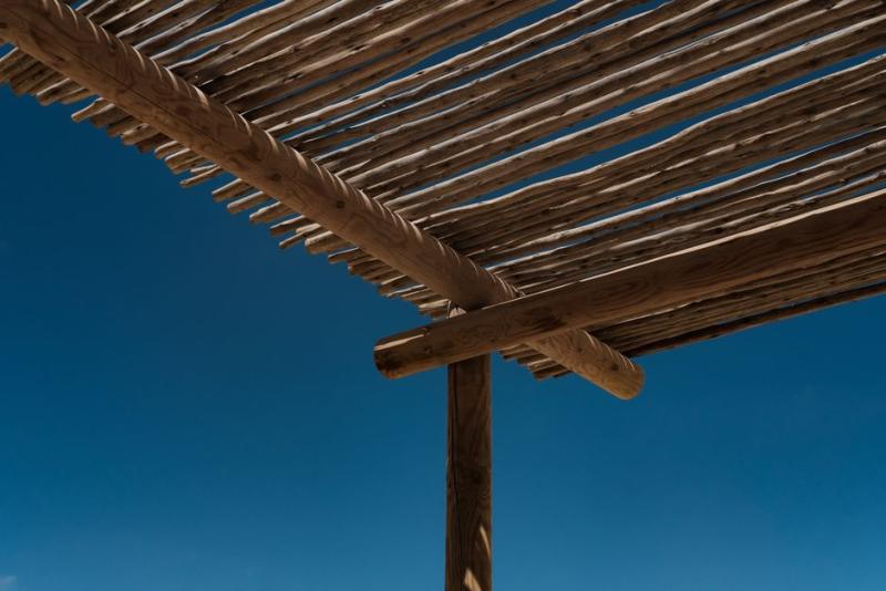 Pérgola de madera rústica sin tratar en un jardín