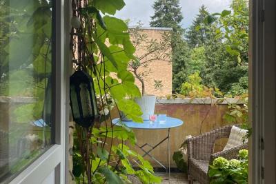 Terraza urbana con mesa, silla de mimbre y plantas trepadoras