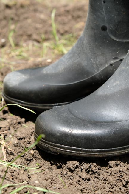 Botas de jardinería manchadas de barro sobre tierra húmeda